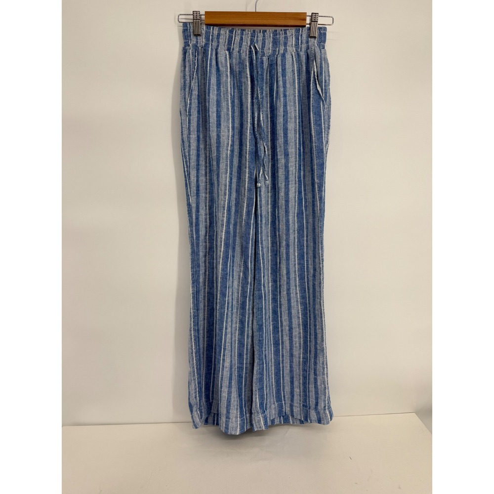 Briggs Blue White Striped Linen Blend Wide Leg Drawstring Pants Sz S